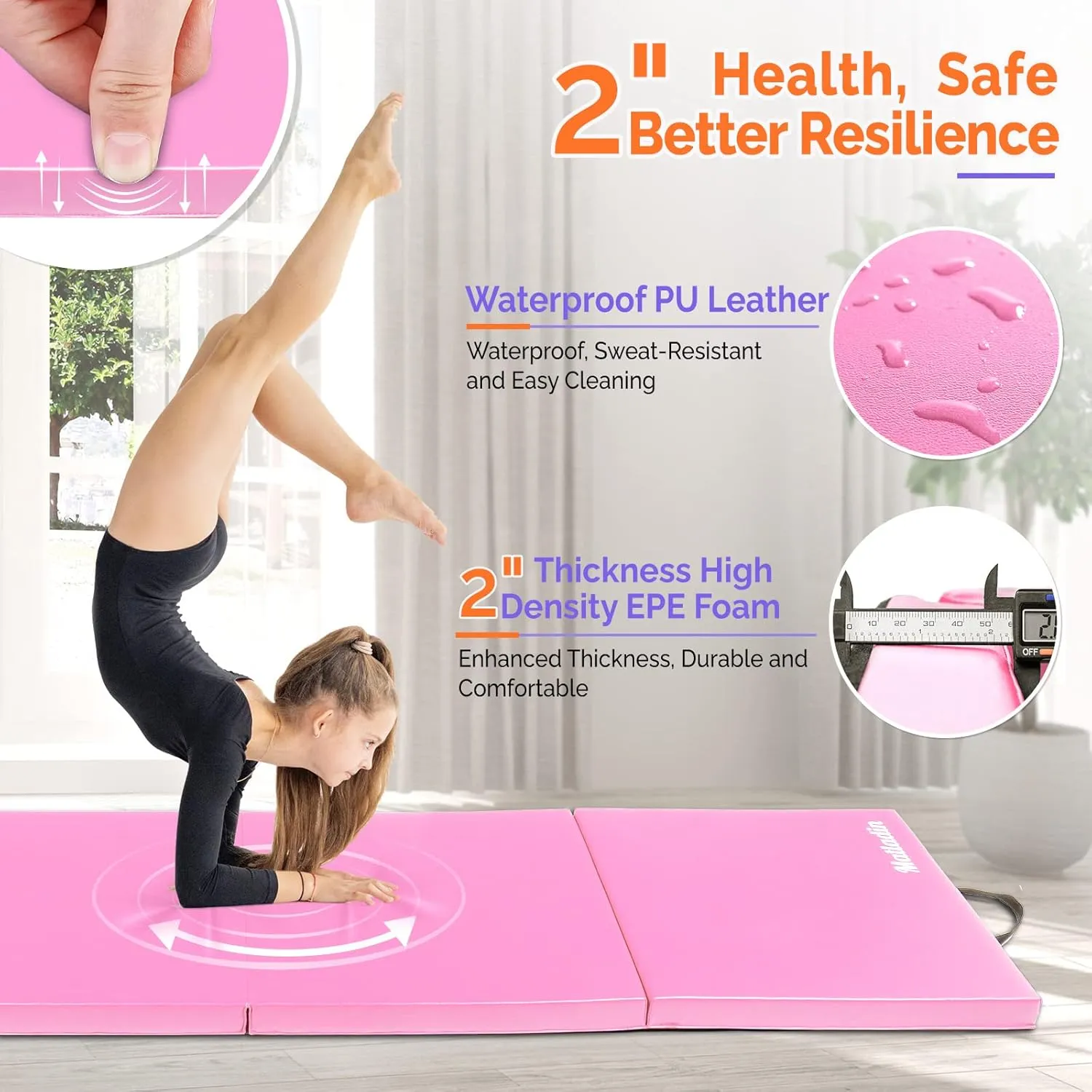 8' Folding Gymnastics Gym Exercise Aerobics Mat, 8ft x 2ft x 2in PU Leather Tumbling Mats with Hook & Loop Fastener for Stretching Yoga Cheerleading Martial Arts