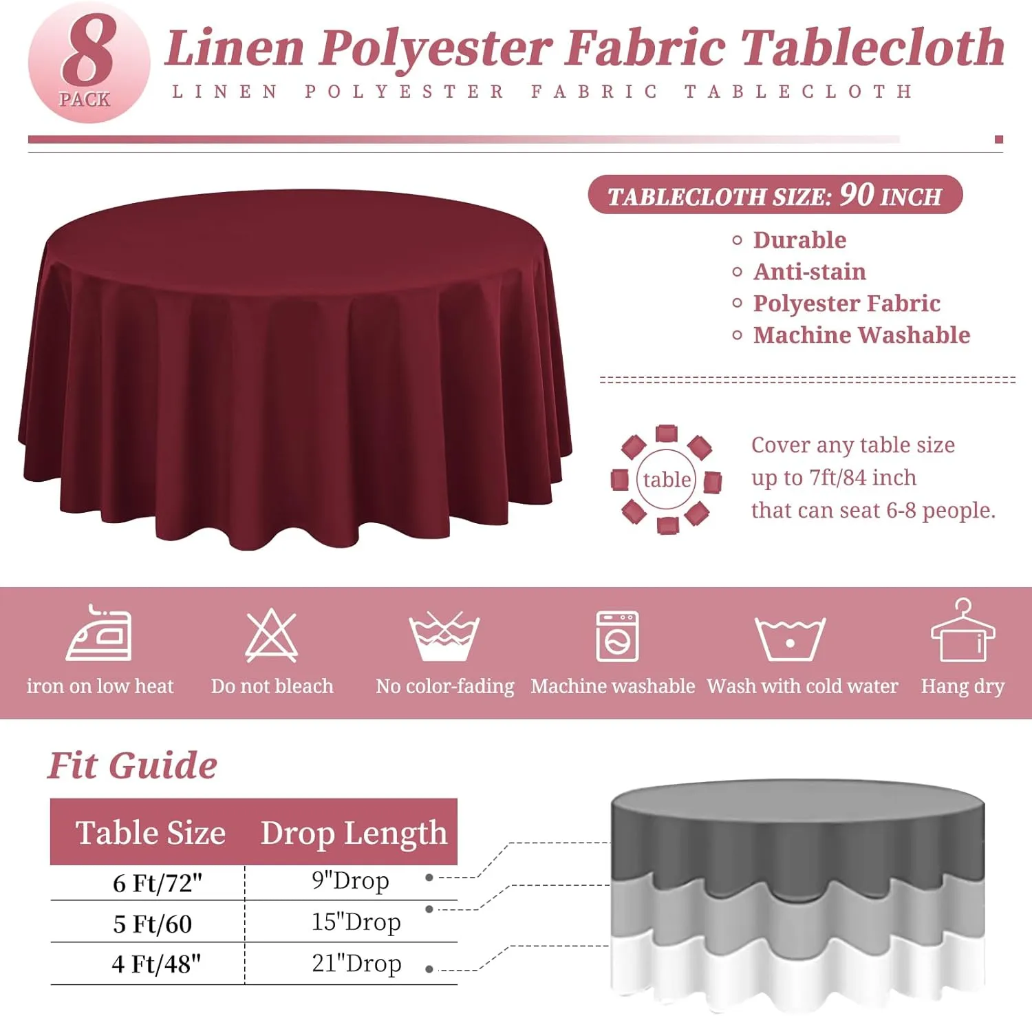 8 Pack Round Tablecloth 90 Inch - Burgundy Polyester Table Cloth for Round Table, Premium Stain and Wrinkle Resistant Washable Fabric Table Cover for Wedding Party Banquet Restaurant Reception
