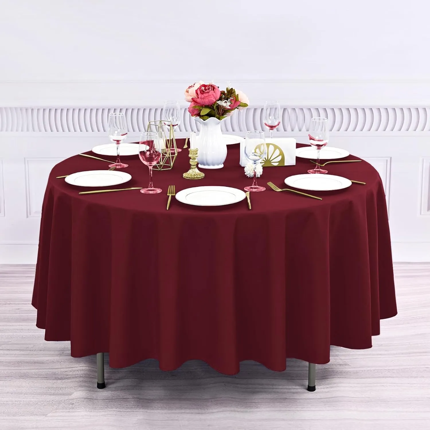 8 Pack Round Tablecloth 90 Inch - Burgundy Polyester Table Cloth for Round Table, Premium Stain and Wrinkle Resistant Washable Fabric Table Cover for Wedding Party Banquet Restaurant Reception