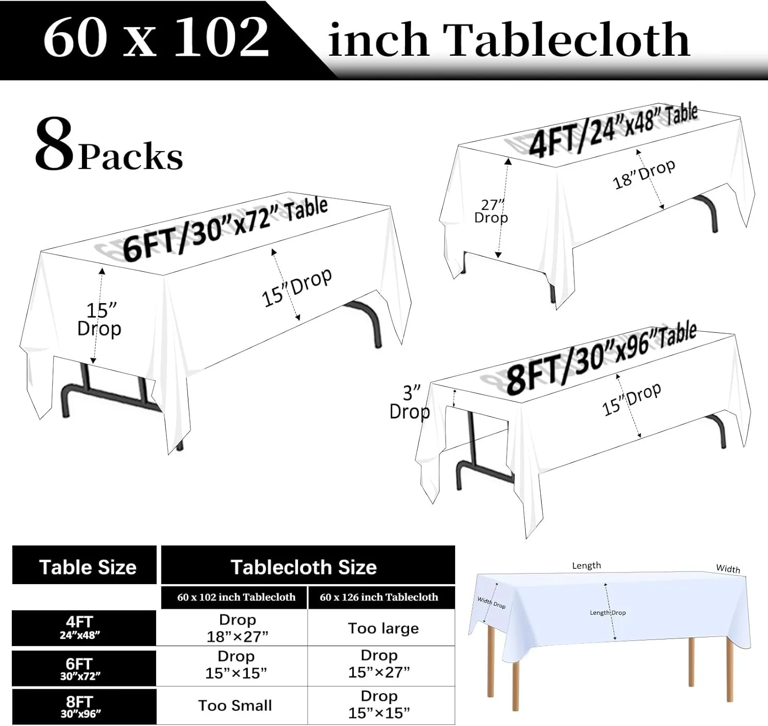 8 Packs Royal Blue Tablecloth Rectangle 60x102 Inch Rectangular Table Cloth for 6 Foot Rectangle Tables, Wrinkle Resistant Polyester Fabric Tablecloth Washable Table Cover for Wedding Party Buffet