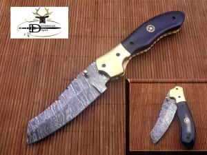 8" Tanto Blade Folding Knife, Natural Bull Horn and Camel bone scales, Hand Forged Twist Pattern Damascus Steel, Equipped with Thumb pin & Liner Lock, Cow Hide Leather Sheath Included (Bull horn)