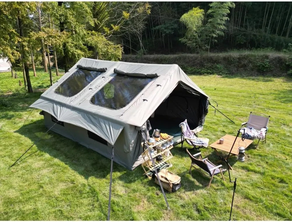 9.8 x13ft Inflatable Camping Tents with Hand Pump, Air Glamping Tents, Easy Setup Waterproof and Windproof Blow up Tent, 4 Seasons Oxford Cabin Tent with Mesh & Chimney Window. Beige