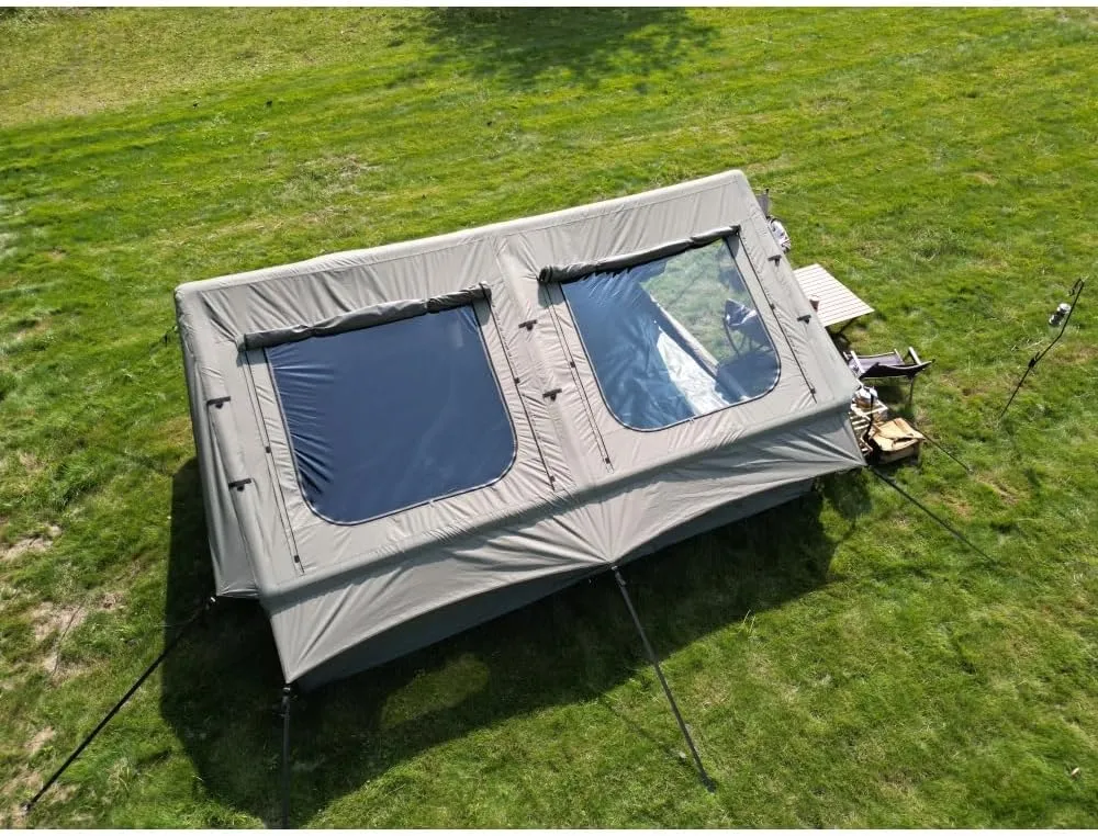 9.8 x13ft Inflatable Camping Tents with Hand Pump, Air Glamping Tents, Easy Setup Waterproof and Windproof Blow up Tent, 4 Seasons Oxford Cabin Tent with Mesh & Chimney Window. Beige