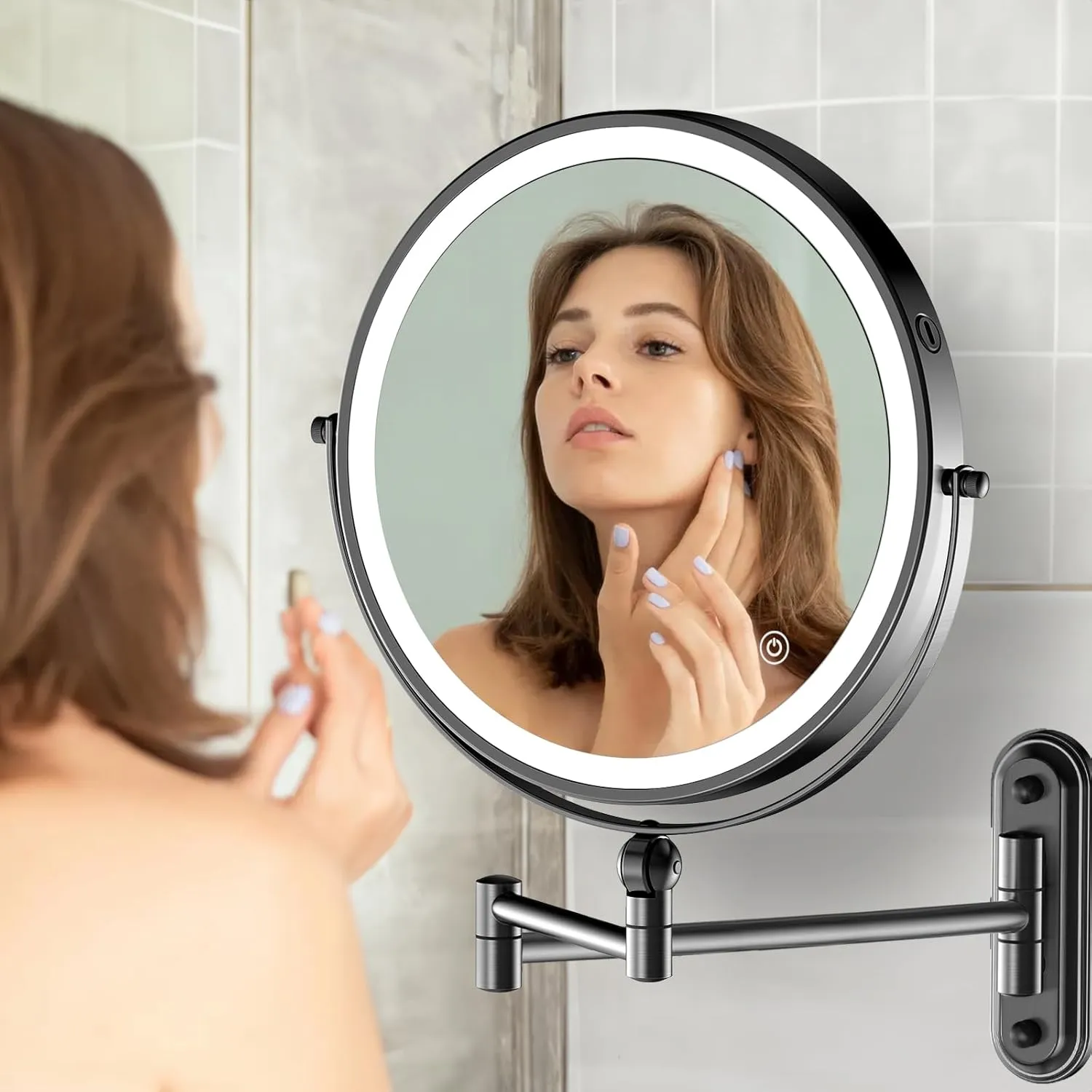 9" Wall Mounted Makeup Lighted Mirror, 4000mAh Rechargeable Double Sided LED Vanity Mirror with Height Adjustable&1X/10X Magnification, 3 Color Lights Touch Screen Dimmable 360°Swivel Bathroom Mirror