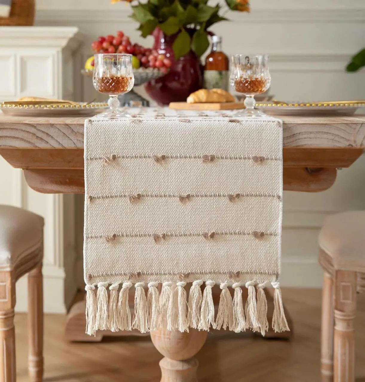 AaHo Decor Heat-Resistant Cotton Checkered Table Runner – 14'' x 72'' Washable Tabletop Mat for 4 & 6 Seater Dining, Coffee, and Center Tables – White
