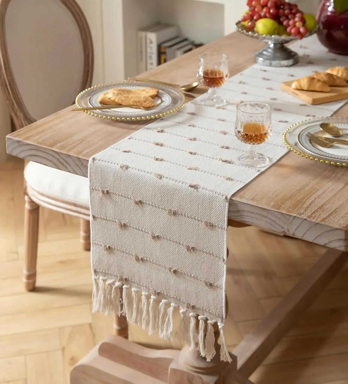 AaHo Decor Heat-Resistant Cotton Checkered Table Runner – 14'' x 72'' Washable Tabletop Mat for 4 & 6 Seater Dining, Coffee, and Center Tables – White