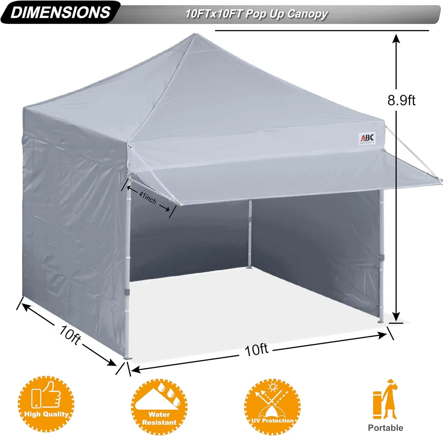 ABCCANOPY 10x10 Pop up Canopy Tent with Sidewalls - Easy up Canopies with Awning, Outdoor Tents for Parties, Market, Commercial Events, Gray