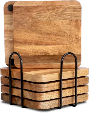 Acacia Wood Coasters Square for Drinks Tabletop Protection with Holder Set of 6, Wooden Coaster for Coffee Table Dining Table Desk Rustic Coasters for Home Office Christmas Decor 4 Inch