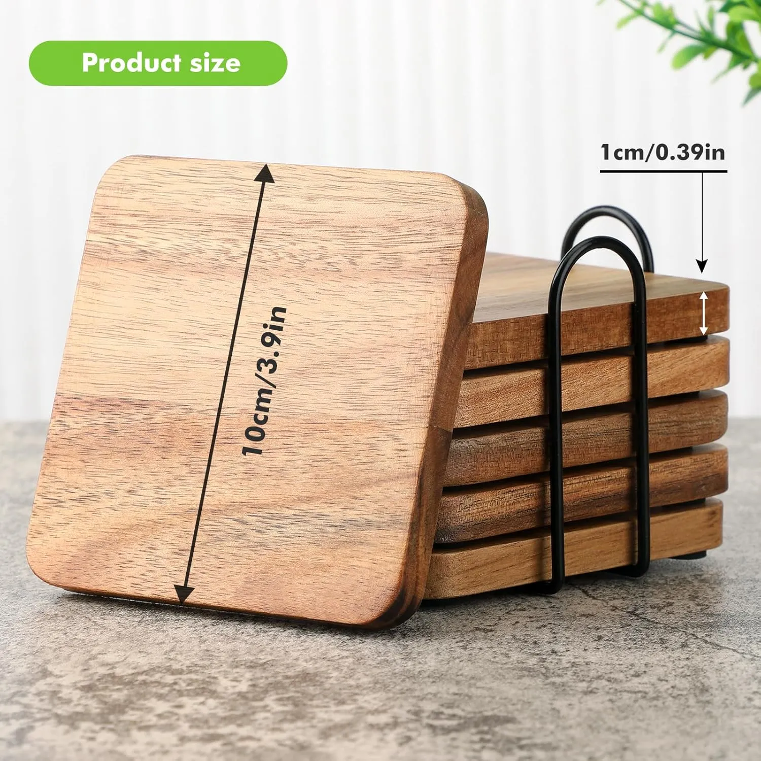 Acacia Wood Coasters Square for Drinks Tabletop Protection with Holder Set of 6, Wooden Coaster for Coffee Table Dining Table Desk Rustic Coasters for Home Office Christmas Decor 4 Inch