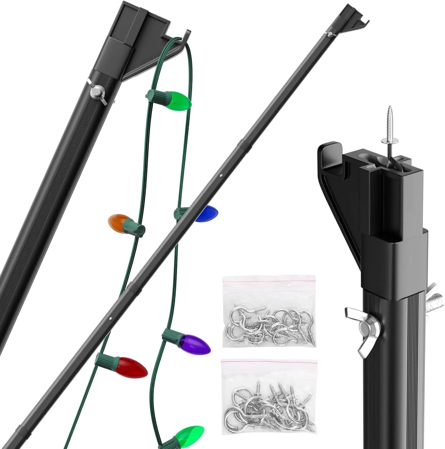 addlon Telescopic Extension Pole for Hanging Outdoor Light and Mounting Screw Hooks,5.5FT String Lights Hanger Poles with Utility Hook for Patio Lights and Birdfeeders Installation