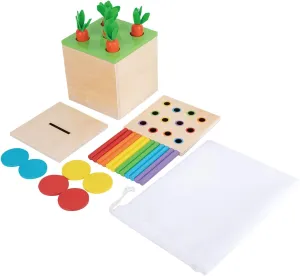 Adena Montessori 3 in 1 Wooden Montessori Play Kit Baby Toys,Includes Matchstick Color Drop Game,Carrot Harvest Game and Coin Box,Learning Toy for Kid 1,2,3 Year Old,Girl Boy Gift for Baby 6-12 Month