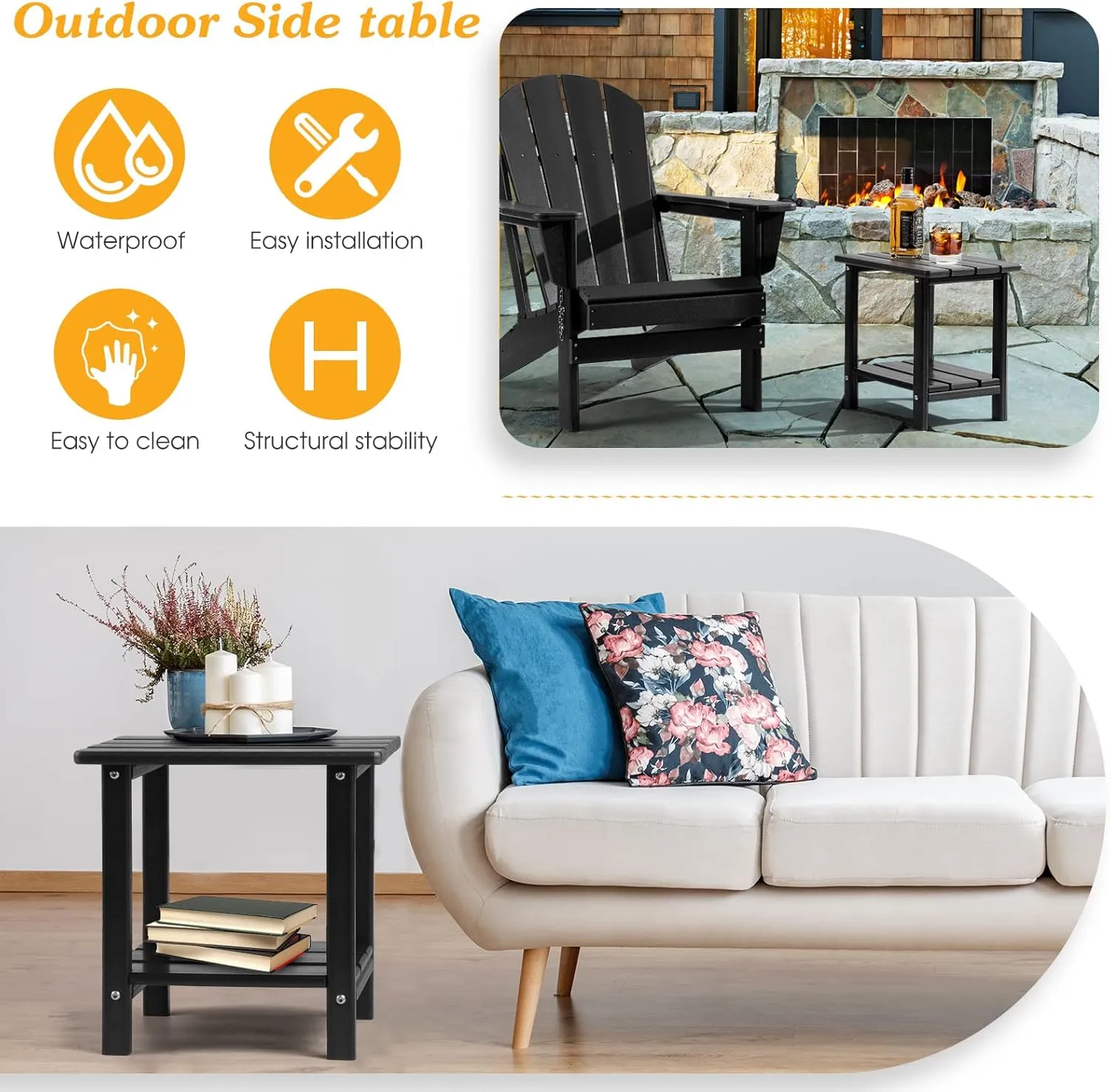 Adirondack Outdoor Side Table, 2-Tier Sturdy Patio End Table Weather Resistant, 16.5" Solid Side Table for Patio, Pool, Porch