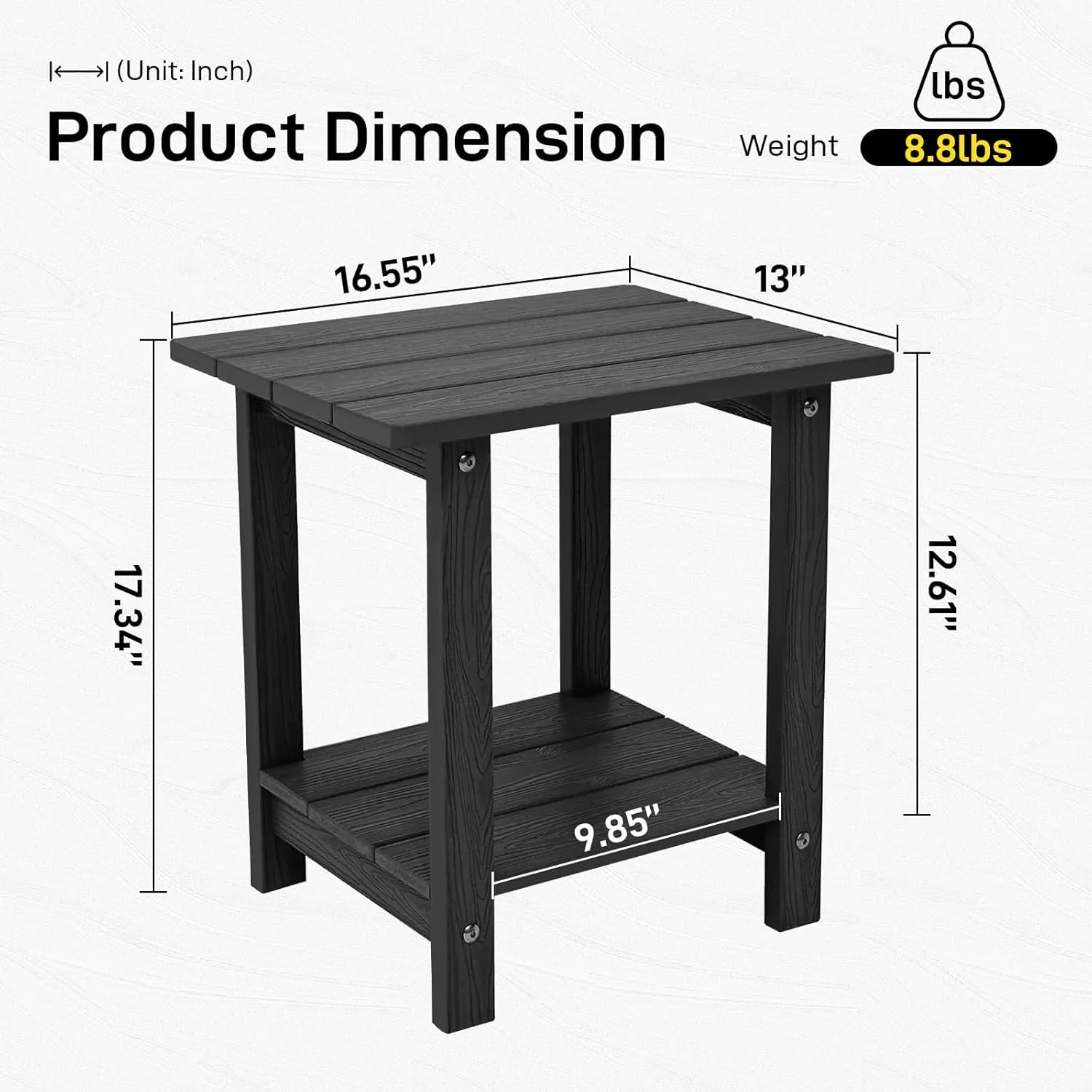 Adirondack Side Table - Outdoor Indoor End Table, Weather Resistant, 17' Black for Patio and Deck