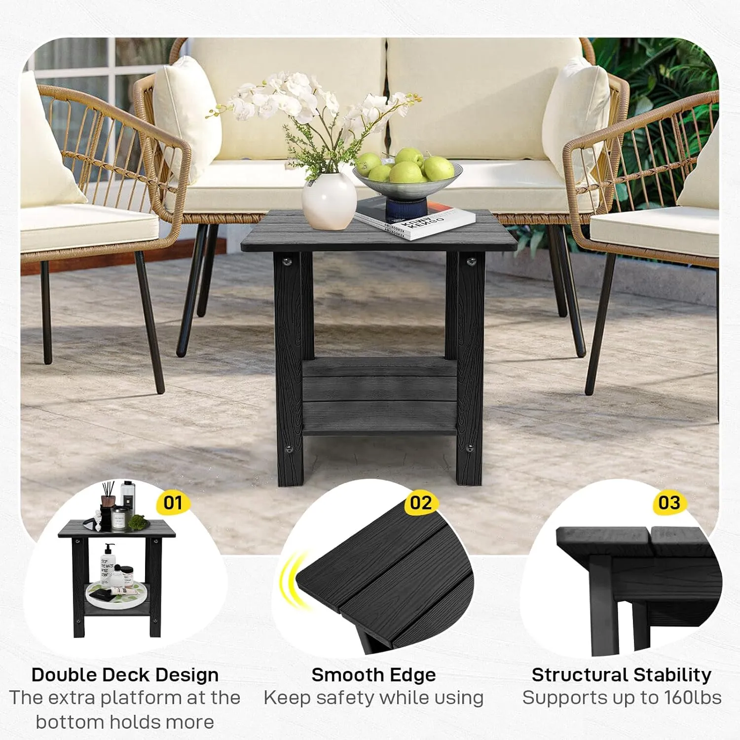 Adirondack Side Table - Outdoor Indoor End Table, Weather Resistant, 17' Black for Patio and Deck