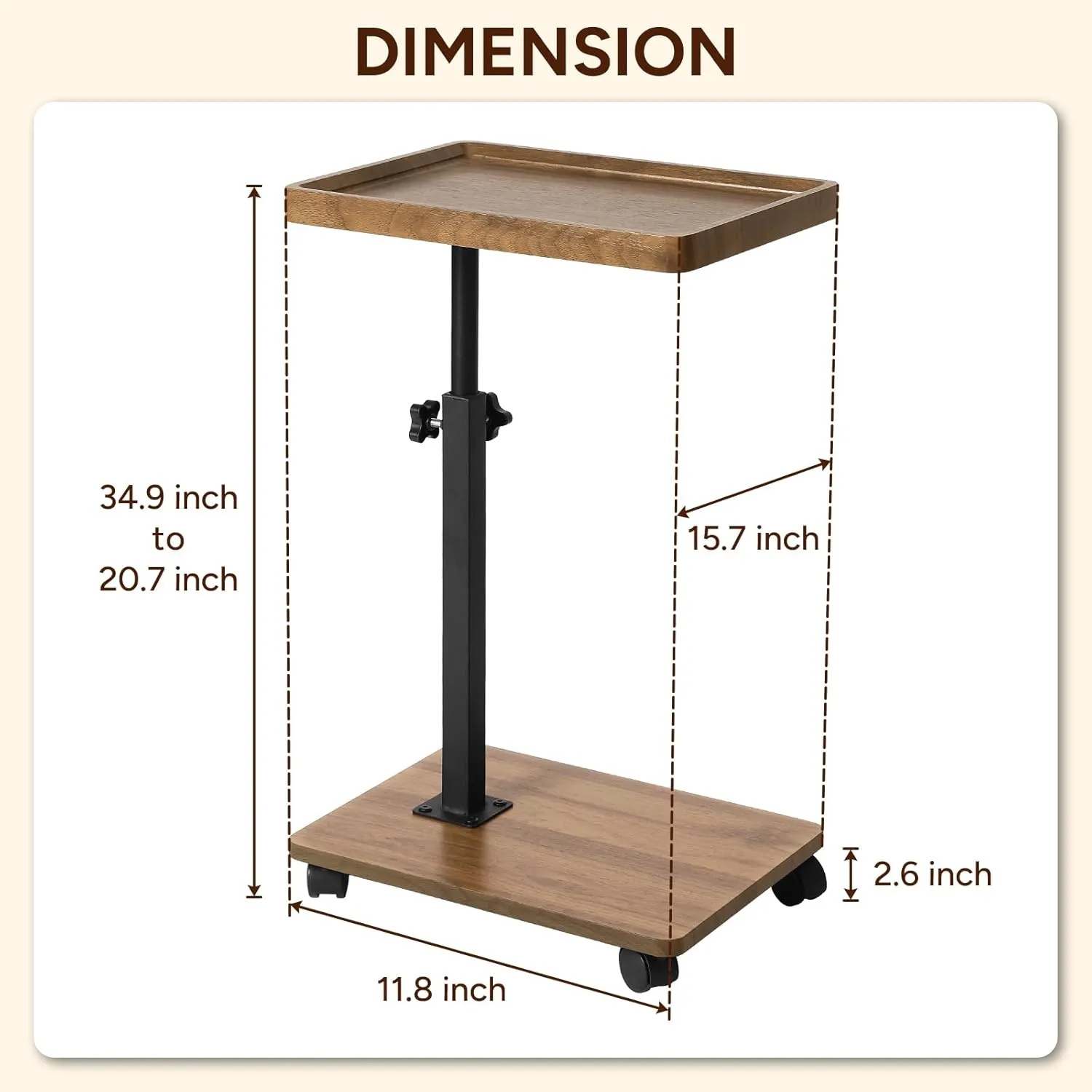 Adjustable C Table End Table, Side Table C Table with Wheels,360° Rotatable (20.7-34.9inches) Height Adjustable for Sofa/Bed/Bathtub, Walnut Wood & Black (15.7x11.8)