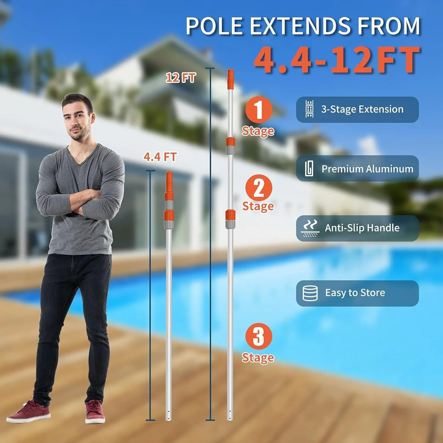 AgiiMan Aluminum Telescoping Swimming Pool Pole 12 Foot, Pool Net Skimmer Rake Vacuum Head Brush Cleaning Heavy Duty