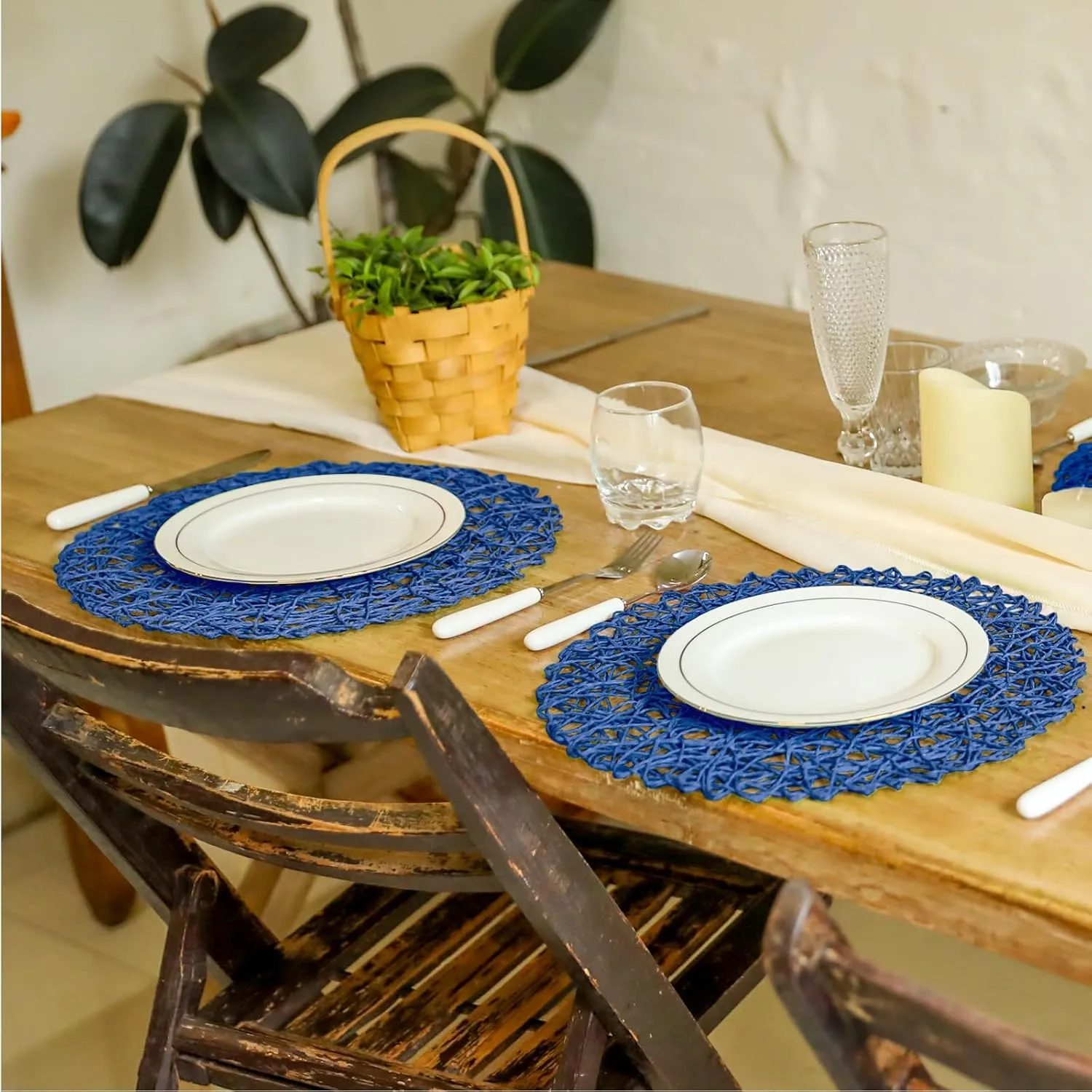AHHFSMEI Paper Braided Round Placemats Natural Non-Slip Heat Resistant Table Mats for Dining Tables Farmhouse Woven Indoor Outdoor Place mats (Blue,8)
