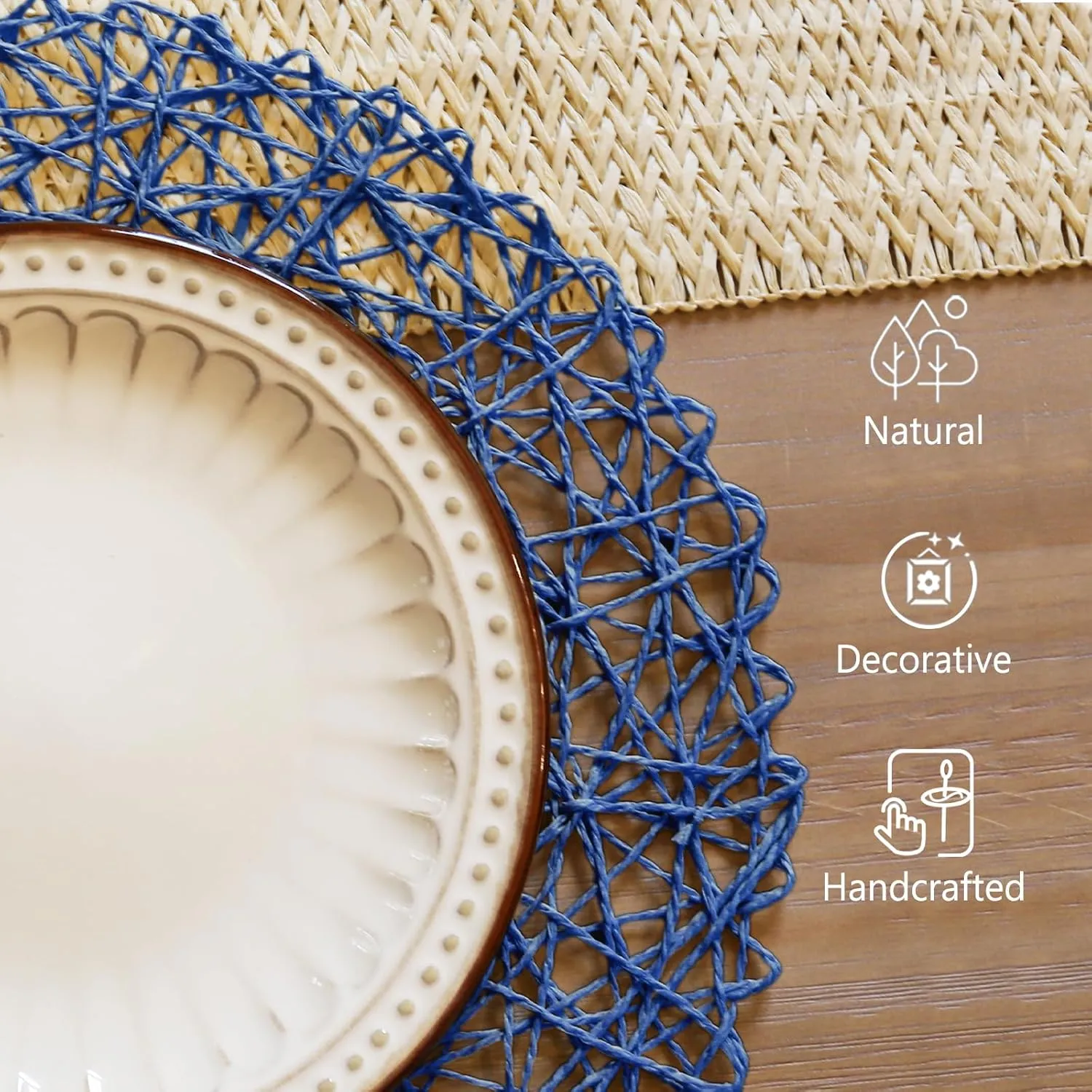 AHHFSMEI Paper Braided Round Placemats Natural Non-Slip Heat Resistant Table Mats for Dining Tables Farmhouse Woven Indoor Outdoor Place mats (Blue,8)