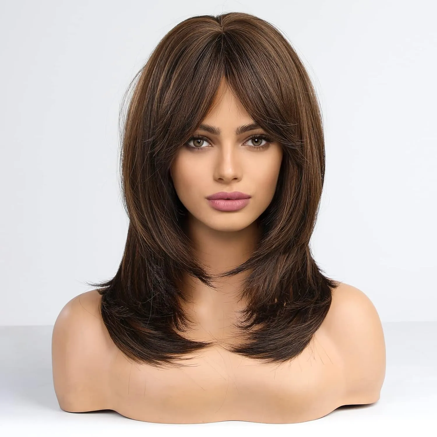 Alanhair Brown Wigs for Women,HAIRCUBE Long Layered Wigs with Bangs Heat Resistant Synthetic Fibre Wigs