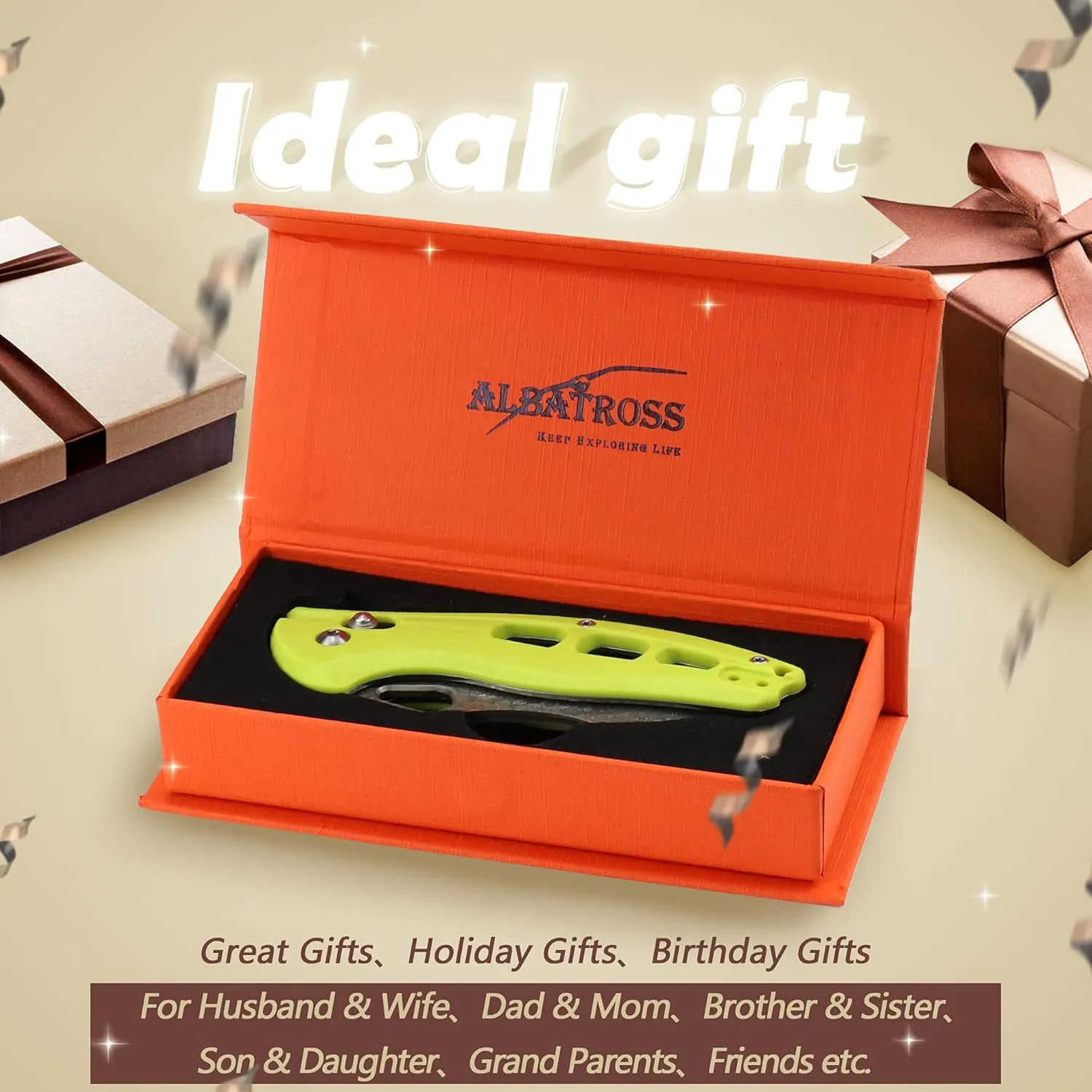 ALBATROSS Cool Flipper Axis Lock Opening Folding Pocket Knife with 3" Modern Damascus Steel Blade and 4.25" High Strength FRN Handle, Deep Carry Pocket Clip - Gifts Box FK036DA-GN