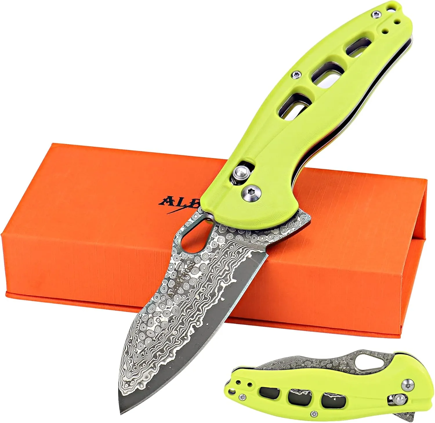 ALBATROSS Cool Flipper Axis Lock Opening Folding Pocket Knife with 3" Modern Damascus Steel Blade and 4.25" High Strength FRN Handle, Deep Carry Pocket Clip - Gifts Box FK036DA-GN