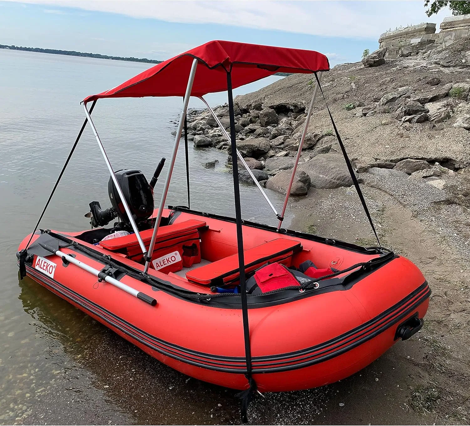 ALEKO Boat Bimini | Canopy Tent Sun Shelter Bimini Top Sunshade | for 8.5 ft Long Inflatable Boat | 4.4 x 3.4 Feet | Color Red | BSTENT250R