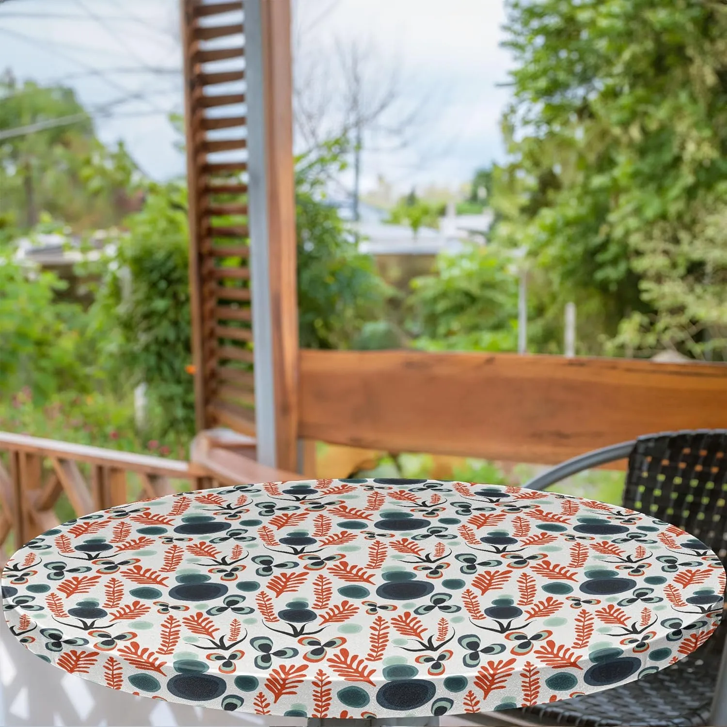 Ambesonne Abstract Fitted Round Tablecloth, Modern Botanical Garden Art with Quirky Leaves Stones and Flowers, All Around Elastic Fabric Table Cover, 56"- 60" Diameter, Burnt Orange and Multicolor