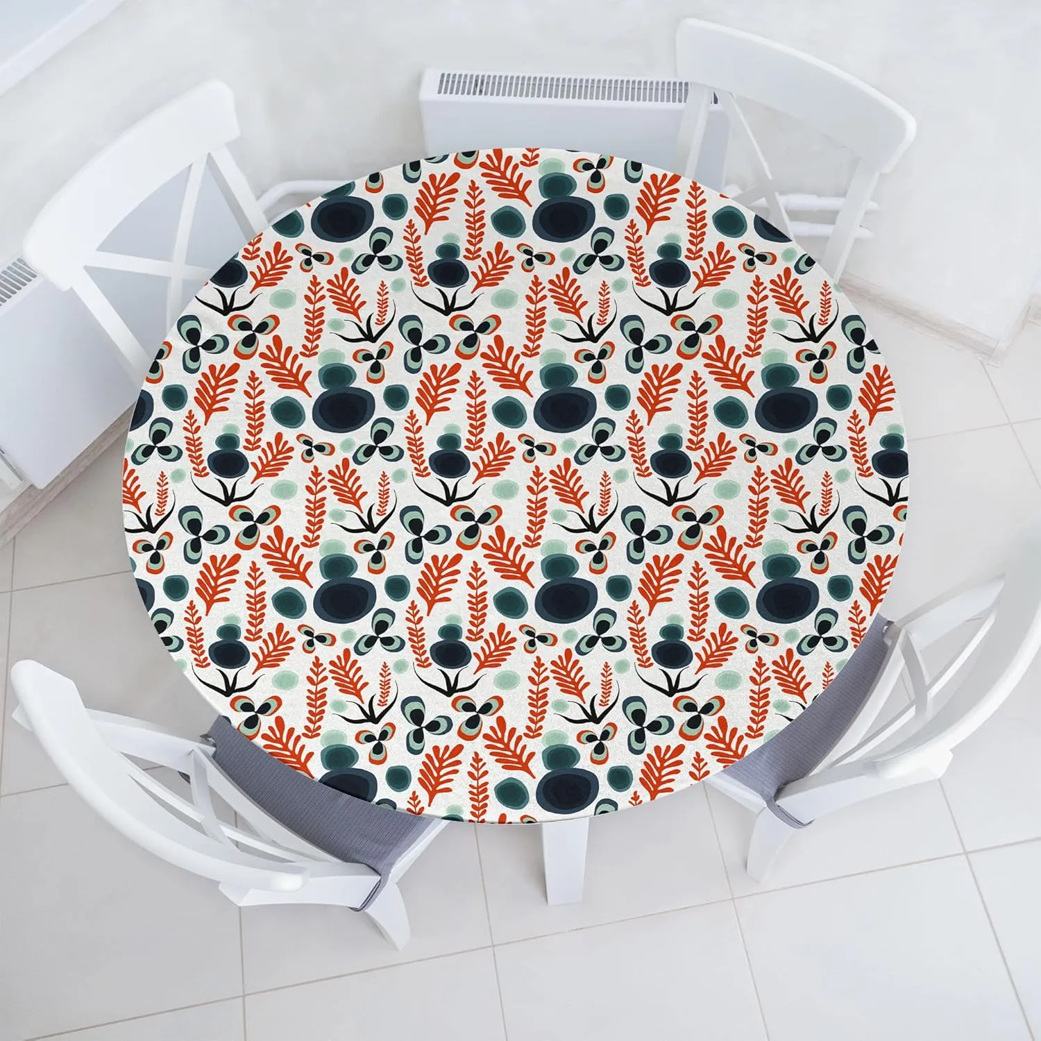 Ambesonne Abstract Fitted Round Tablecloth, Modern Botanical Garden Art with Quirky Leaves Stones and Flowers, All Around Elastic Fabric Table Cover, 56"- 60" Diameter, Burnt Orange and Multicolor