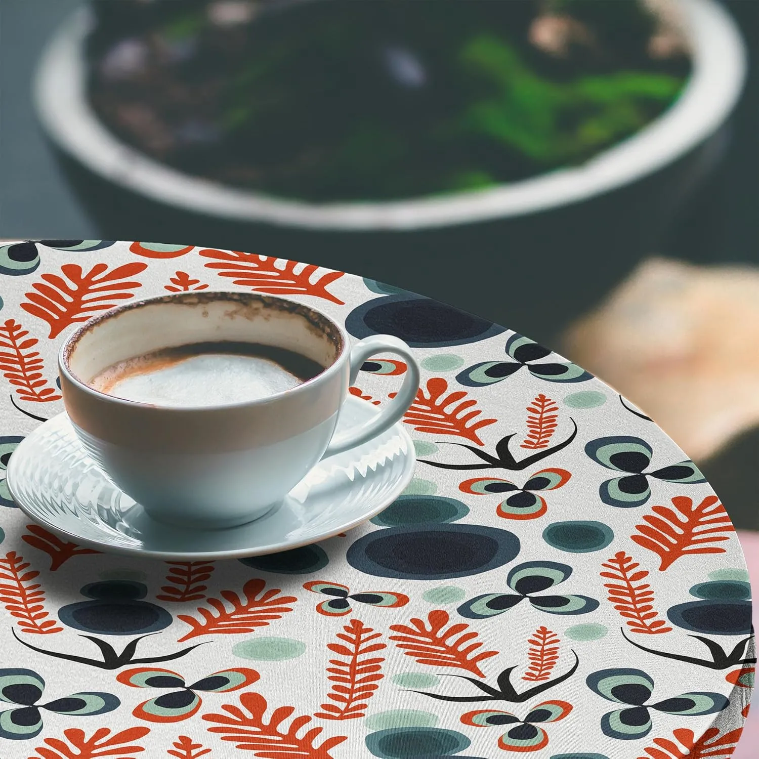 Ambesonne Abstract Fitted Round Tablecloth, Modern Botanical Garden Art with Quirky Leaves Stones and Flowers, All Around Elastic Fabric Table Cover, 56"- 60" Diameter, Burnt Orange and Multicolor