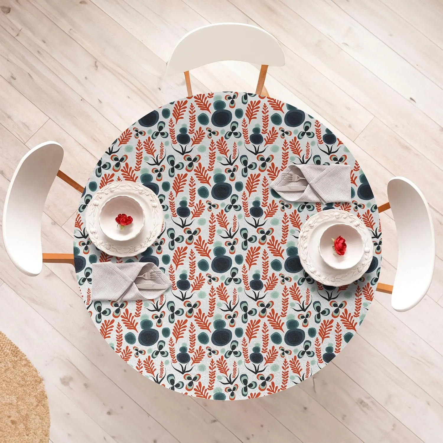 Ambesonne Abstract Fitted Round Tablecloth, Modern Botanical Garden Art with Quirky Leaves Stones and Flowers, All Around Elastic Fabric Table Cover, 56"- 60" Diameter, Burnt Orange and Multicolor