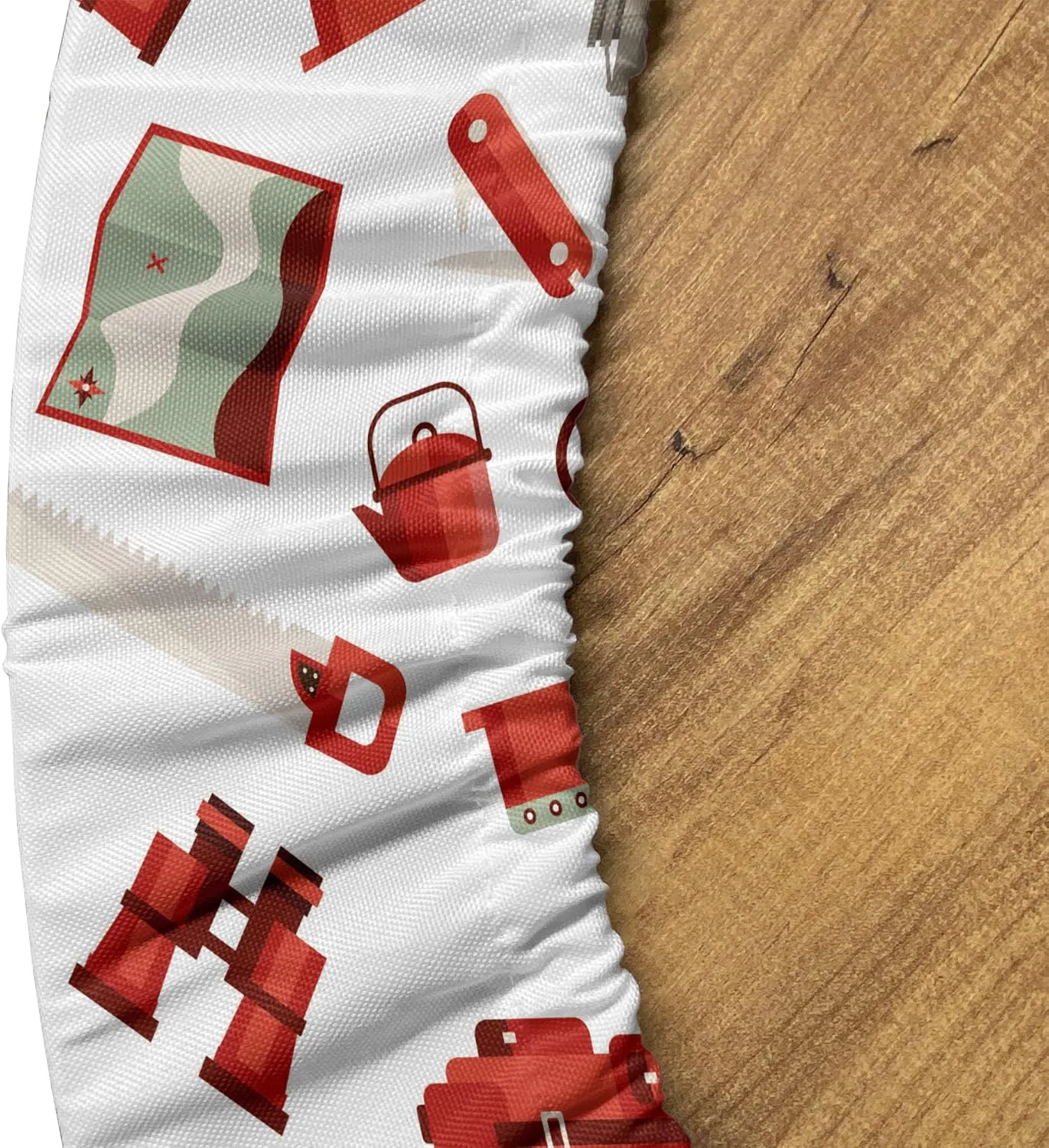 Ambesonne Camping Fitted Round Tablecloth, Lumberjack Elements from Outdoor Leisure Activities in Vinous Tones, All Around Elastic Fabric Table Cover, 56"- 60" Diameter, White Vermilion and Brown