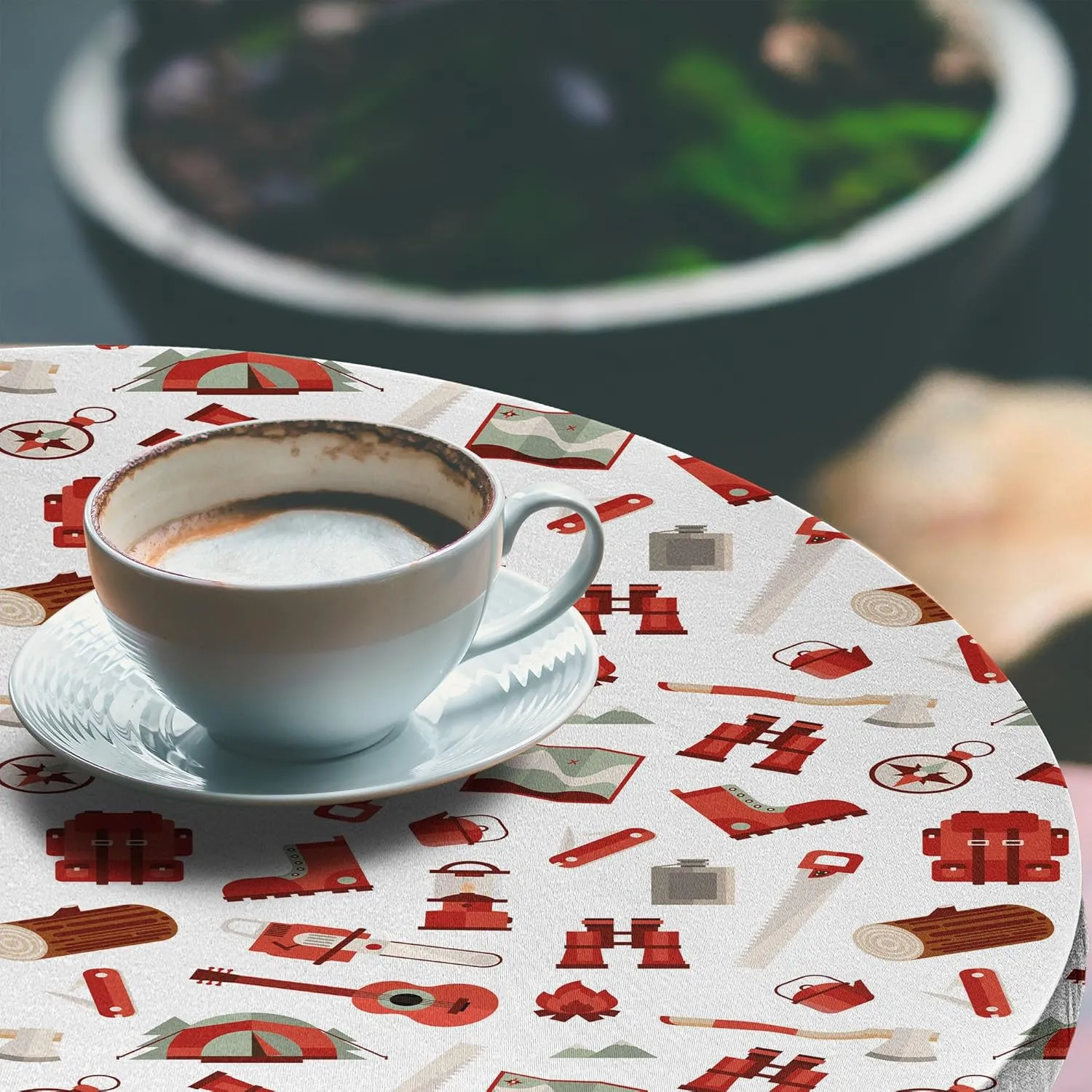 Ambesonne Camping Fitted Round Tablecloth, Lumberjack Elements from Outdoor Leisure Activities in Vinous Tones, All Around Elastic Fabric Table Cover, 56"- 60" Diameter, White Vermilion and Brown