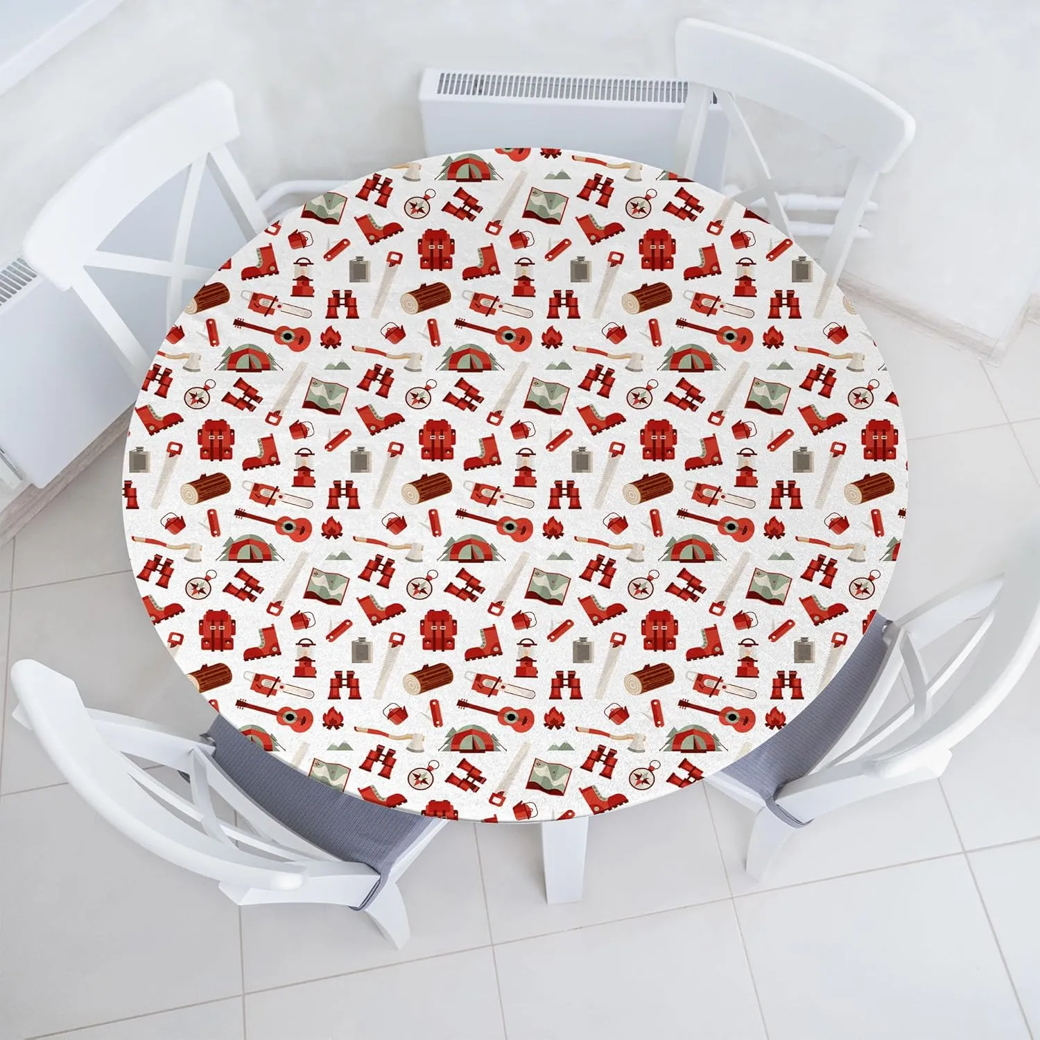 Ambesonne Camping Fitted Round Tablecloth, Lumberjack Elements from Outdoor Leisure Activities in Vinous Tones, All Around Elastic Fabric Table Cover, 56"- 60" Diameter, White Vermilion and Brown
