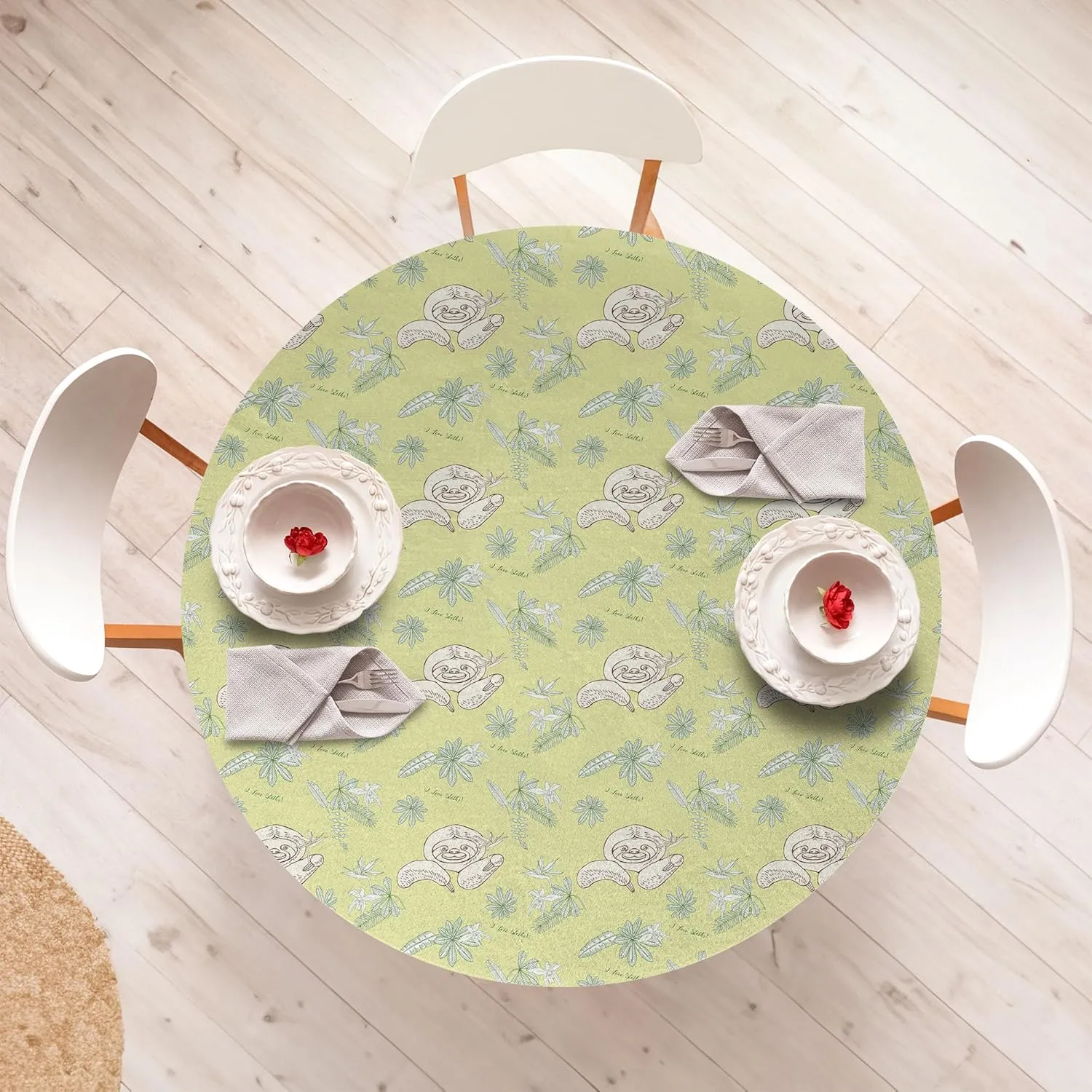 Ambesonne Funny Sloth Fitted Round Tablecloth, Sketch of Lazy Animal I Love Sloths Typography, All Around Elastic Fabric Table Cover, 40"- 44" Diameter, Green Reseda Green