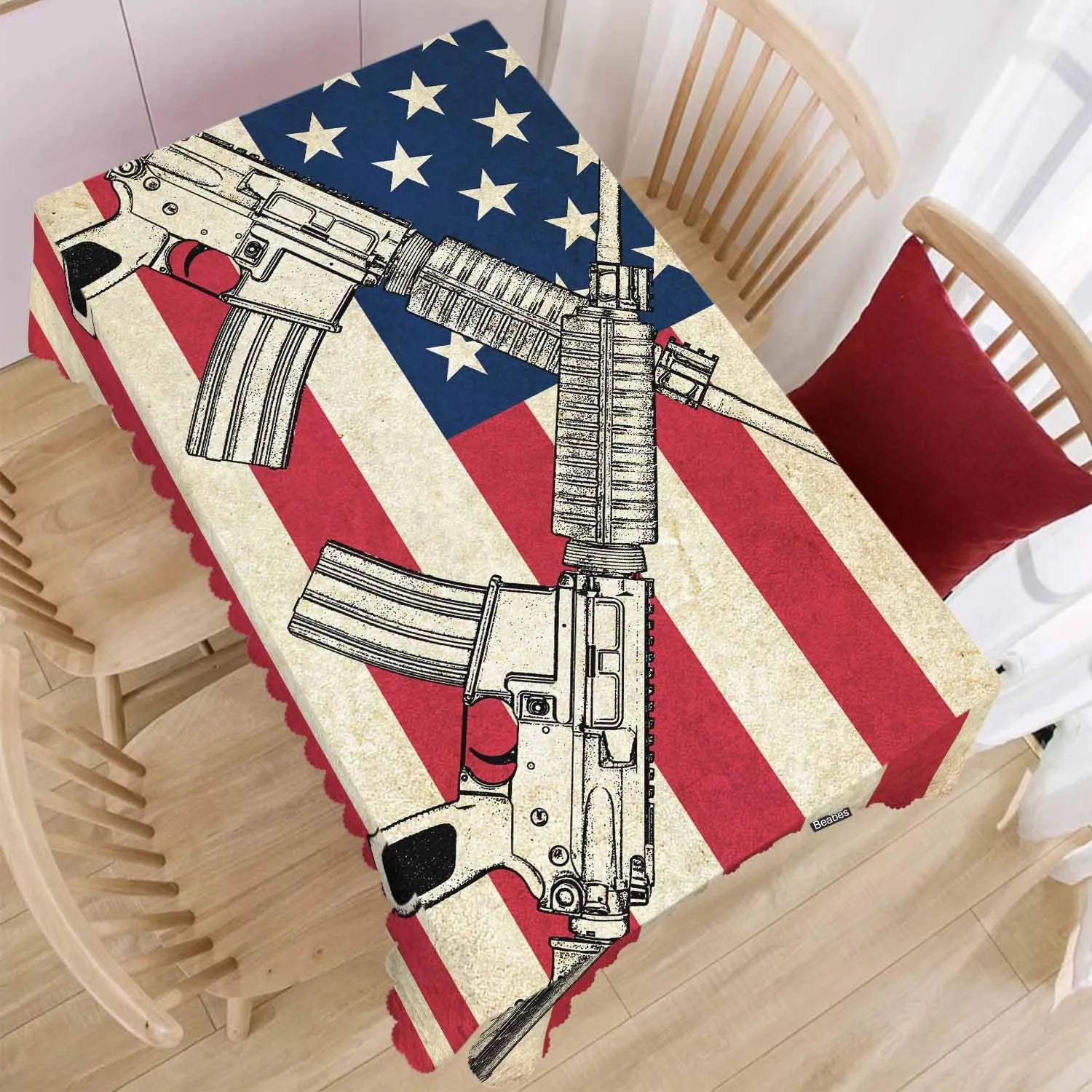 American Flag Decorative Table Cover for Kitchen, Grunge USA Flag Military Guns Oblong Tablecloth Dining Table Cloth Tabletop Tablecloths for BBQ Picnic Coffee 52"X70", 4-6 Seats