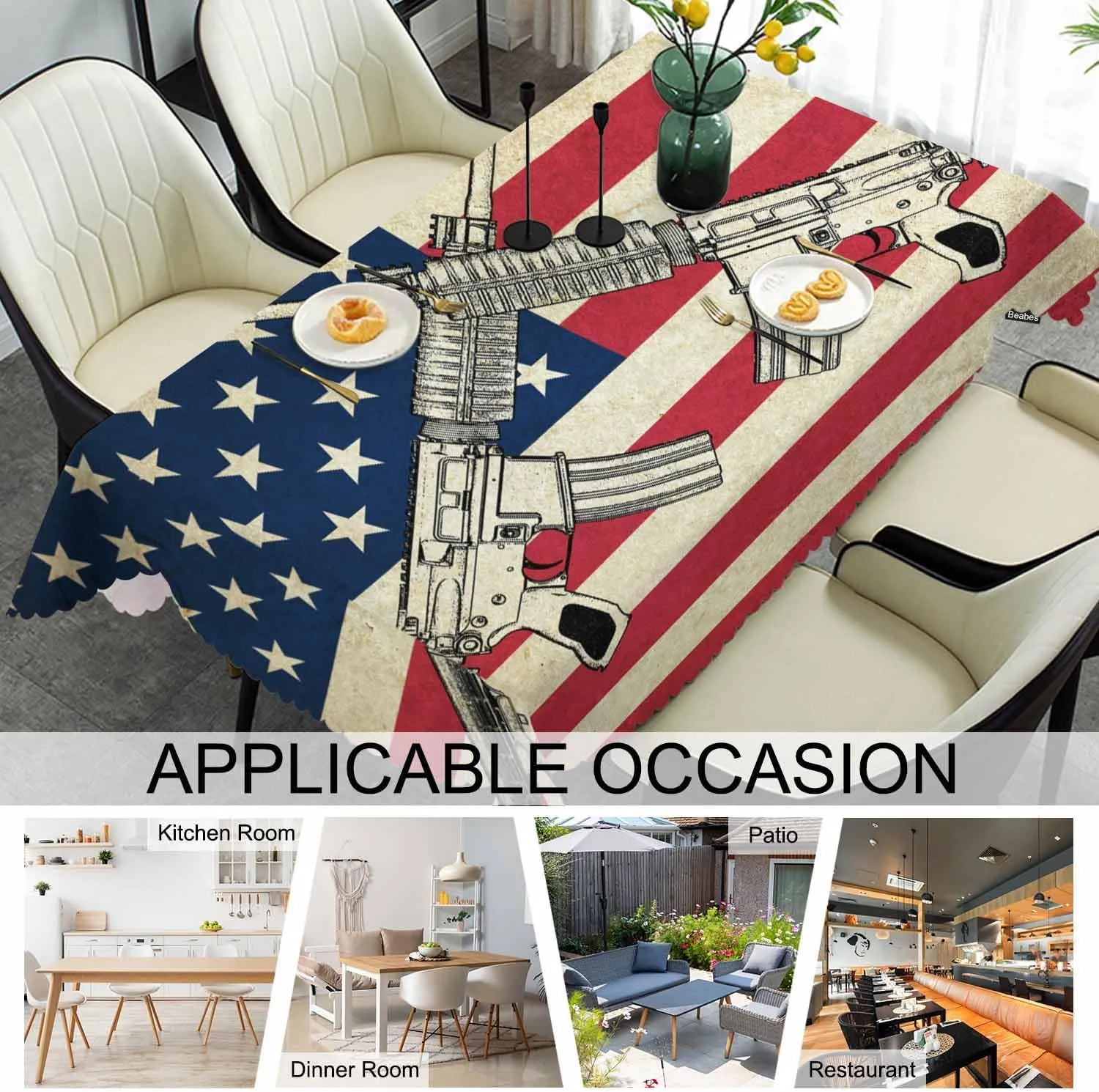 American Flag Decorative Table Cover for Kitchen, Grunge USA Flag Military Guns Oblong Tablecloth Dining Table Cloth Tabletop Tablecloths for BBQ Picnic Coffee 52"X70", 4-6 Seats