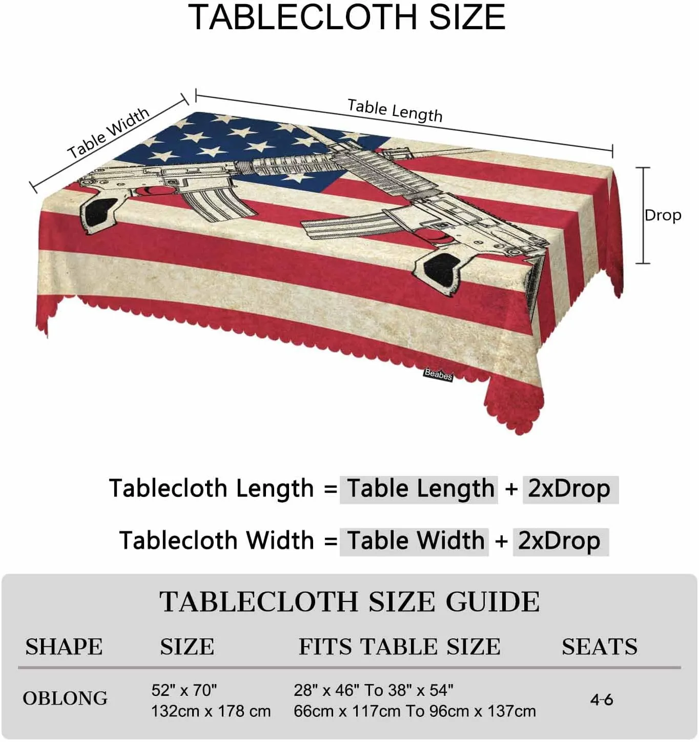 American Flag Decorative Table Cover for Kitchen, Grunge USA Flag Military Guns Oblong Tablecloth Dining Table Cloth Tabletop Tablecloths for BBQ Picnic Coffee 52"X70", 4-6 Seats