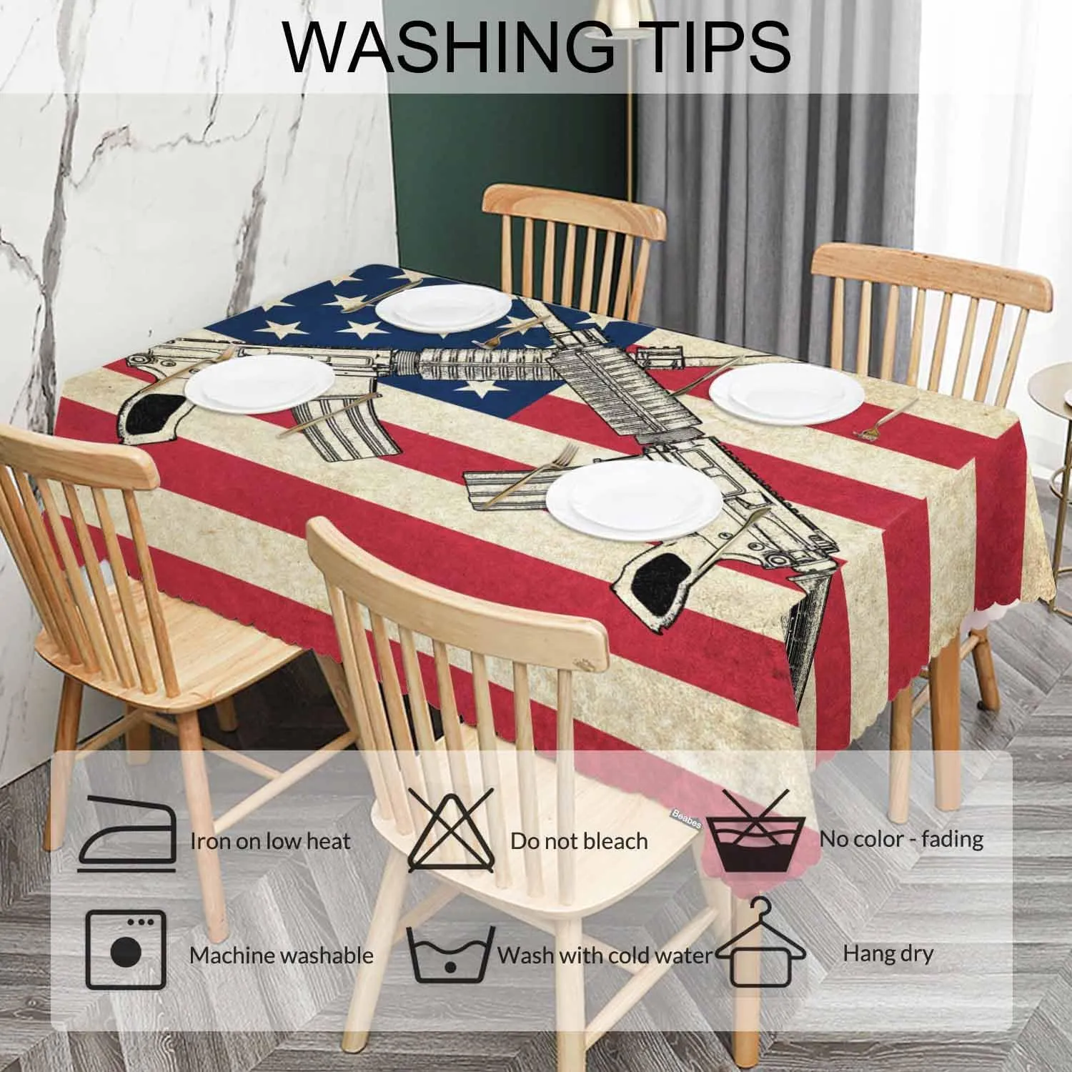 American Flag Decorative Table Cover for Kitchen, Grunge USA Flag Military Guns Oblong Tablecloth Dining Table Cloth Tabletop Tablecloths for BBQ Picnic Coffee 52"X70", 4-6 Seats