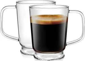 Aquach Set of 2, 20-Ounce Glass Coffee Mugs with Handle - Heat Resistant, Clear Cups for Daily Use
