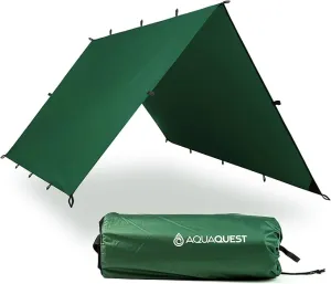 AquaQuest Defender Camping Tarp - Heavy Duty Tent Shelter or Rain Fly - Waterproof Camping Essentials for Hiking, Bushcraft & Hammock, 10 x 10 ft, Forester Green