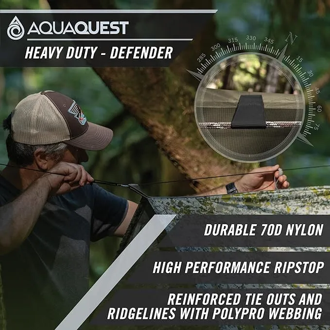 AquaQuest Defender Camping Tarp - Heavy Duty Tent Shelter or Rain Fly - Waterproof Camping Essentials for Hiking, Bushcraft & Hammock, 10 x 7 ft