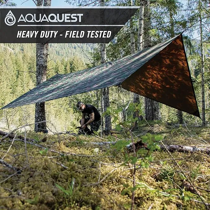 AquaQuest Defender Camping Tarp - Heavy Duty Tent Shelter or Rain Fly - Waterproof Camping Essentials for Hiking, Bushcraft & Hammock, 20 x 13 ft, Woodland Camo