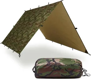AquaQuest Defender Camping Tarp - Heavy Duty Tent Shelter or Rain Fly - Waterproof Camping Essentials for Hiking, Bushcraft & Hammock, 20 x 13 ft, Woodland Camo