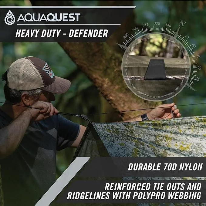 AquaQuest Defender Camping Tarp - Heavy Duty Tent Shelter or Rain Fly - Waterproof Camping Essentials for Hiking, Bushcraft & Hammock, 20 x 13 ft, Woodland Camo