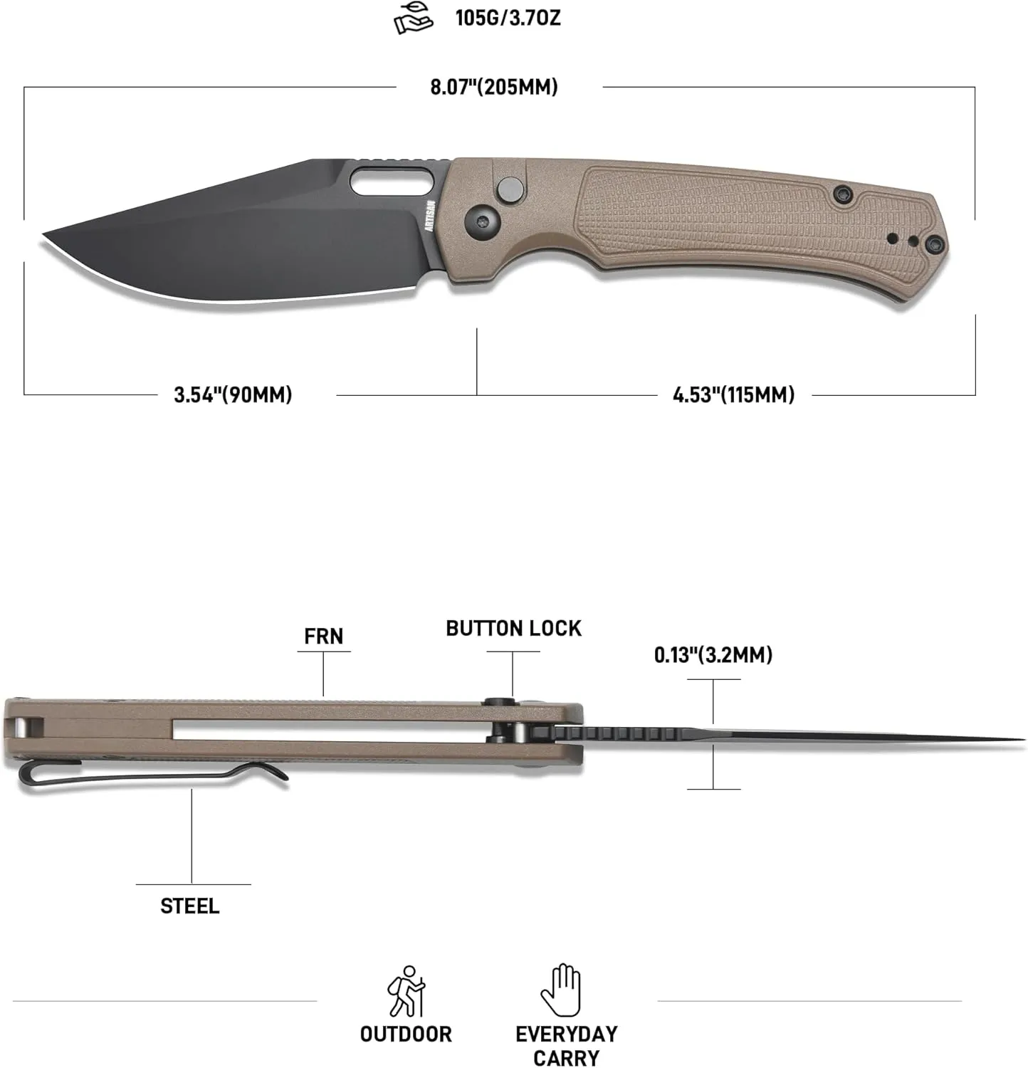 ARTISANCUTLERY REVEL Pocket Knife for Men, 3.54'' AR-RPM9 Steel Blade Folding Knife with Pocket Clip for Men Women Camping Hiking(1867P Brown)