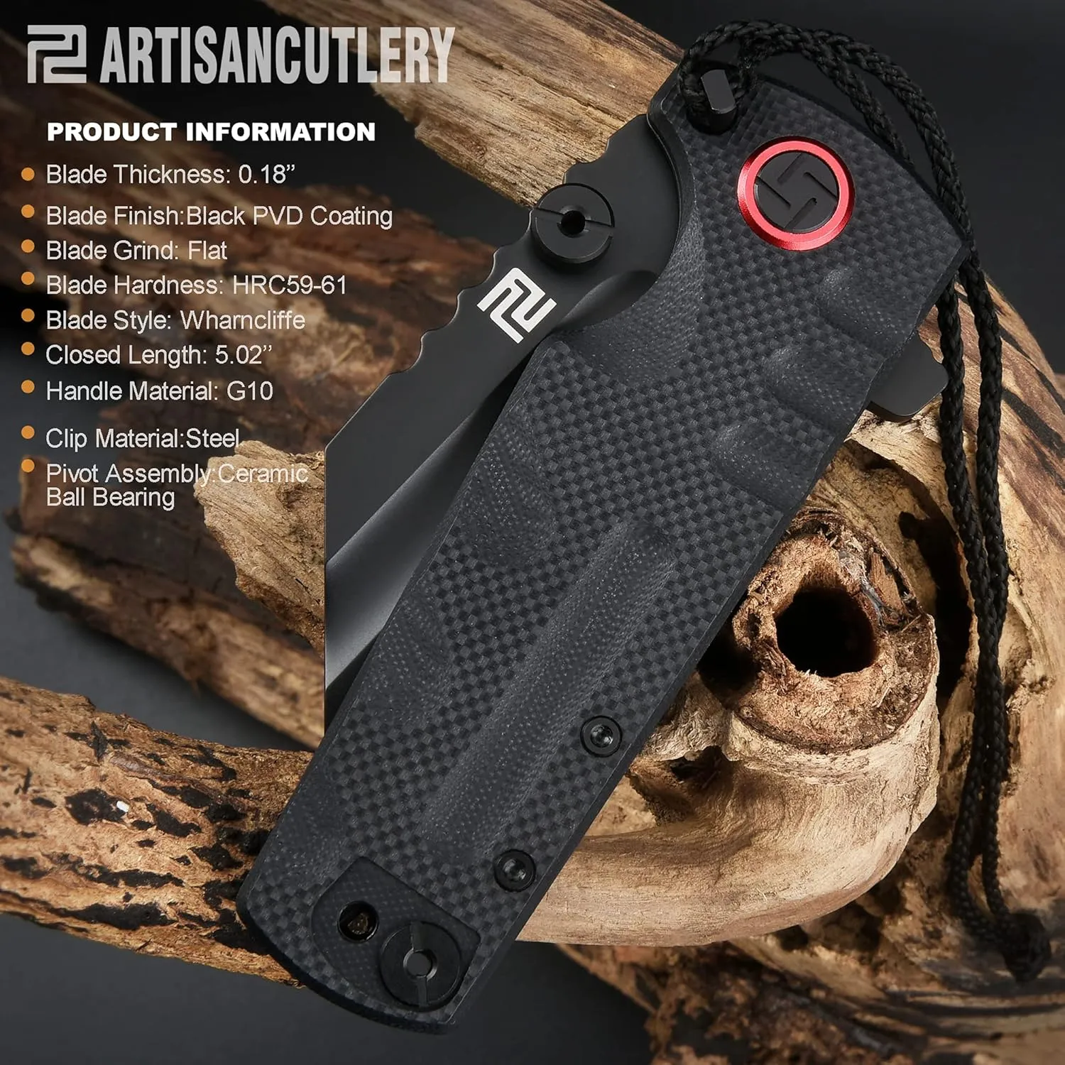 ARTISANCUTLERY Tactical Knife Proponent Normal Size(1820P) D2 Steel Black PVD Blade, Folding Pocket Knife with G10 Handle, Black