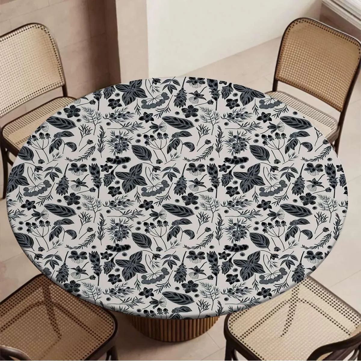 Ash Gray Waterproof Wipeable Table Cover Black Foliate Twigs on Grey Round Fitted Table Cover The Ultimate Protection for Your Table Grey Decor Collection Fit for 40"-43" Table