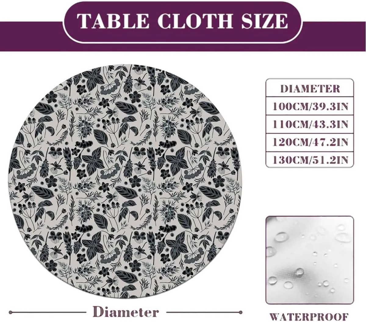 Ash Gray Waterproof Wipeable Table Cover Black Foliate Twigs on Grey Round Fitted Table Cover The Ultimate Protection for Your Table Grey Decor Collection Fit for 40"-43" Table