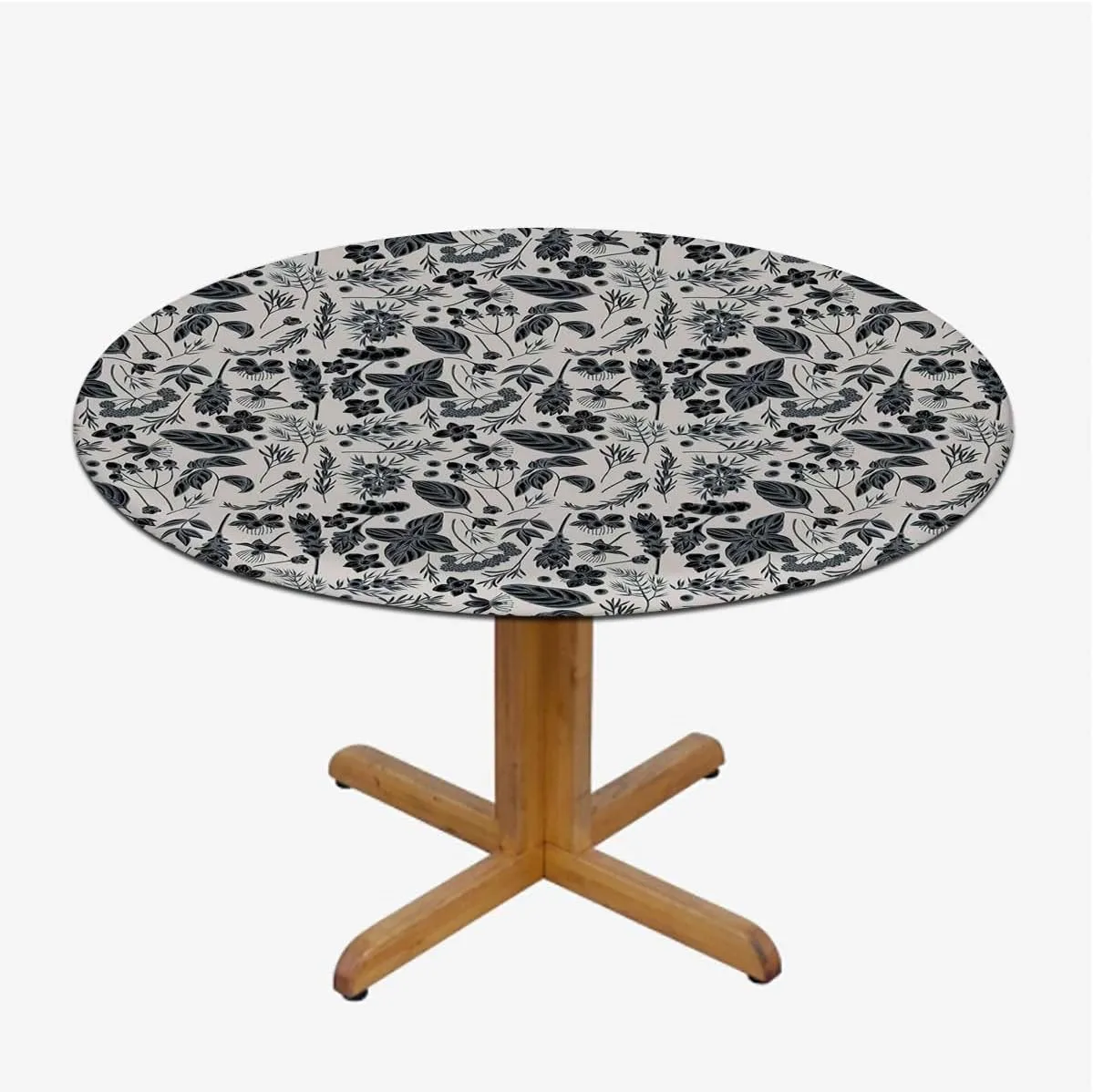 Ash Gray Waterproof Wipeable Table Cover Black Foliate Twigs on Grey Round Fitted Table Cover The Ultimate Protection for Your Table Grey Decor Collection Fit for 40"-43" Table
