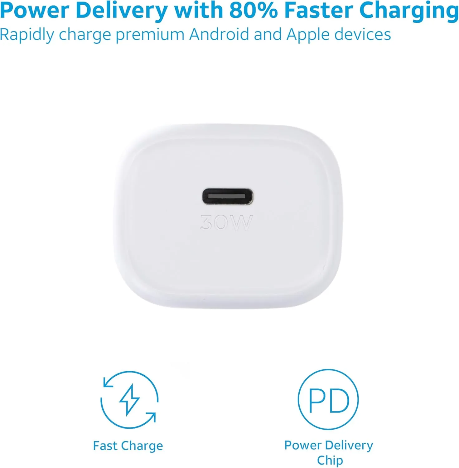 AT&T USB-C Wall Charger Fast Charging Power Adapter Foldable Prongs Travel-Friendly for Compatible with iPhone iPad Samsung Galaxy Google Pixel (30W White)